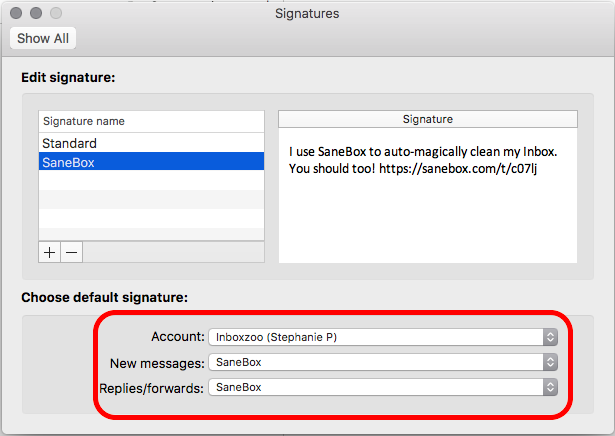 How to select a default email signature