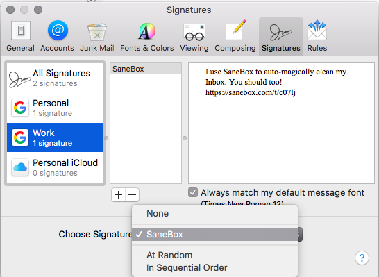 Setting up different email signatures through SaneBox