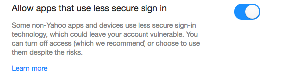 Toggle on/off for allowing apps that use less secure sign in